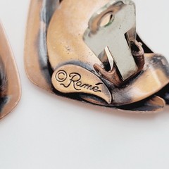 Rame Modernist Artisan Copper Fishbone Clip On Earrings Worn Distressed
