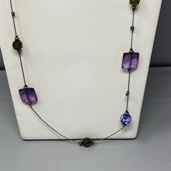 Glass Bead Station Necklace Blue Flower Lampwork Purple Acrylic Black Tone 36″