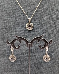 Vtg FNA Sterling Silver Round Smoky Quartz Pendant 18″ Box Necklace Earrings Set