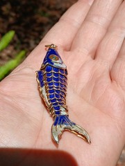 Vintage Enamel Articulated Fish Large Pendant Charm Blue & Silver Gold Tone 3″