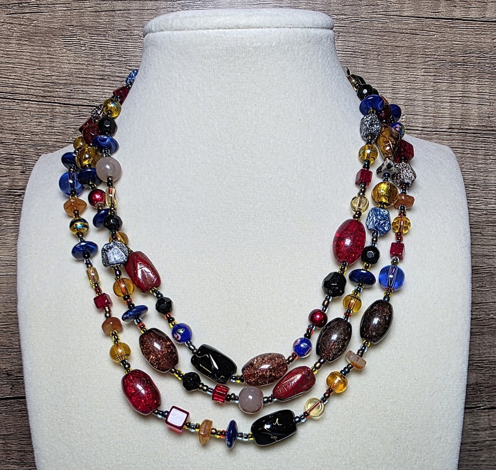 Vintage EsMor 3-Strand UNIQUE Art Glass Beaded Necklace SIGNED EsMor