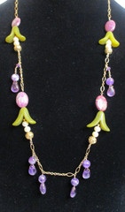 Antique-Like 14K GF Flowerette Necklace w/Jade, Amethyst, Pearl 30.75″L Handmade