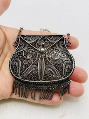 Antique Silver Tone Intricate Filigree Swirl Flower Coin Perfume Purse Pendant