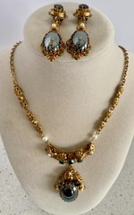 Vtg West Germany Hematite Glass Cabochon Filigree Necklace Clip Earrings Set