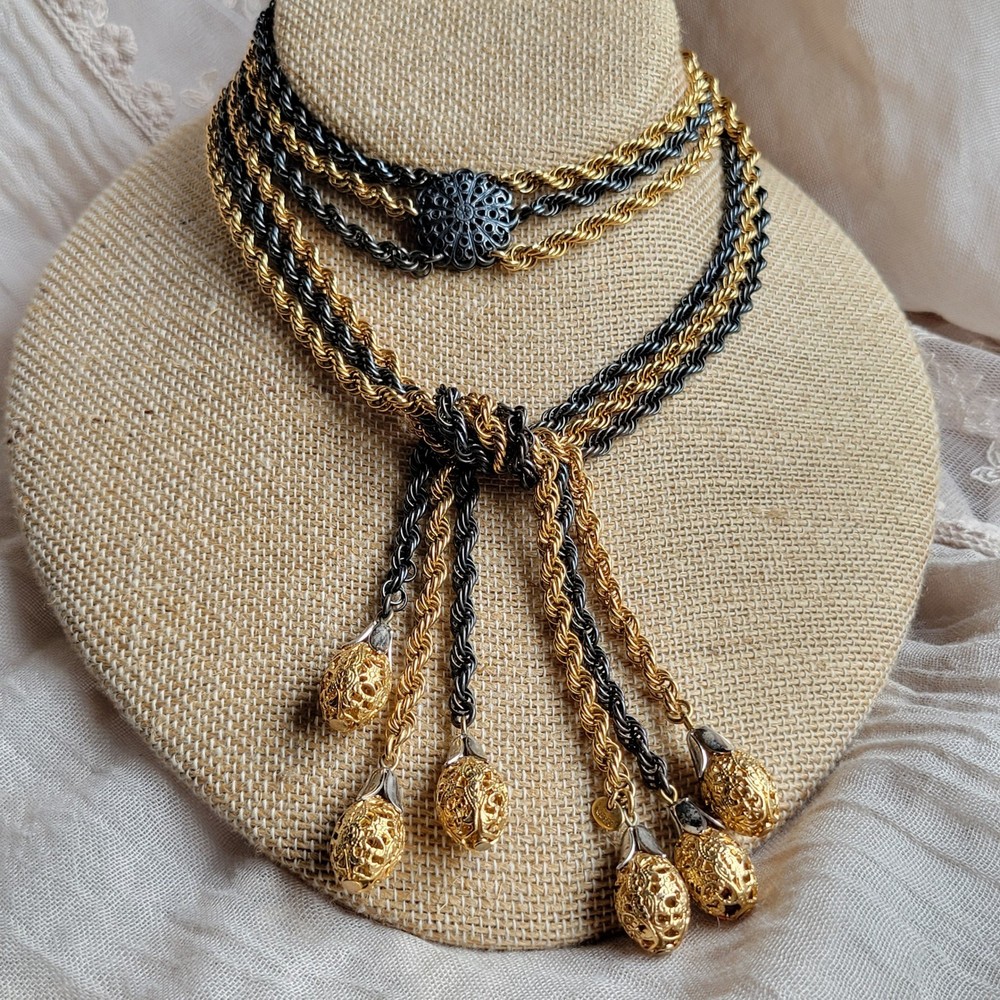 Vitg 80s Napier Lariat Necklace Gold Gunmetal 6 Chain Tassel Statement Runway
