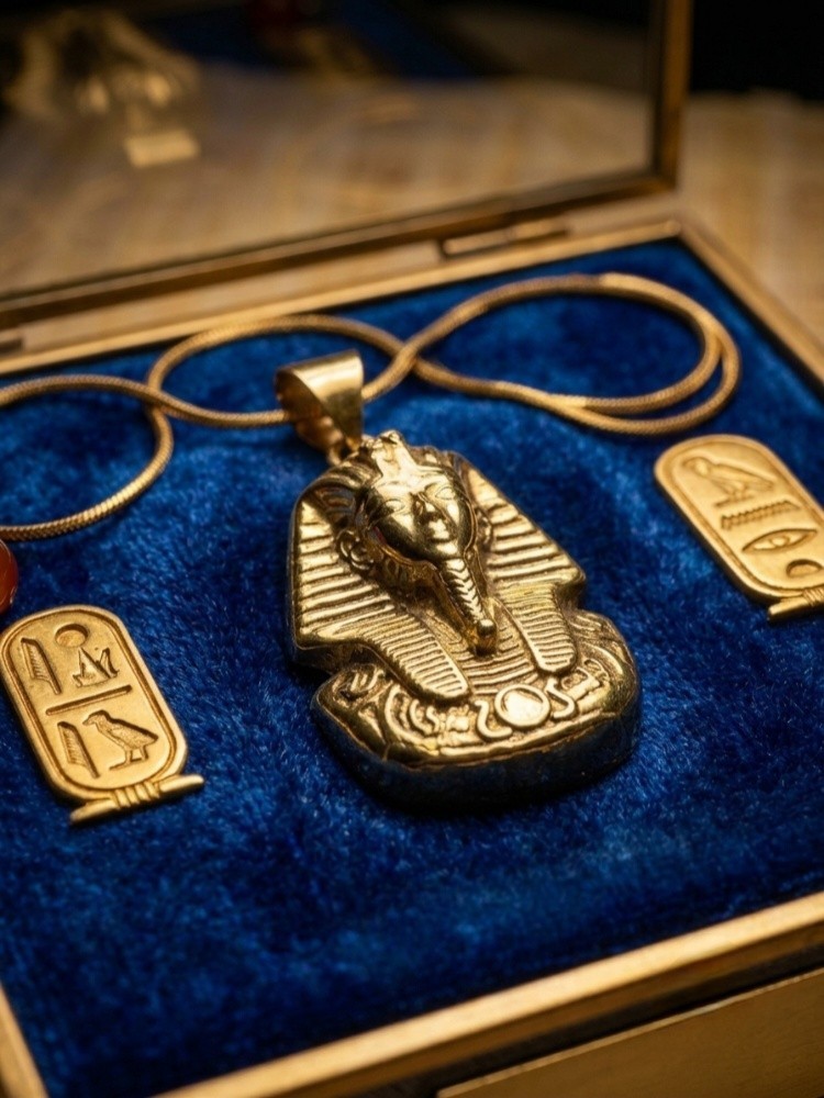 Handmade Solid Brass King Tut Necklace Egyptian Pharaoh Pendant Antique Finish