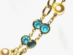 Blue Bezel & Pearl Chain Necklace and earrings • Gold Tone Layered Statement Jew