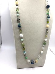 Green & Blue Cloisonne White And Sand Colored Beaded Necklace Silver Tone