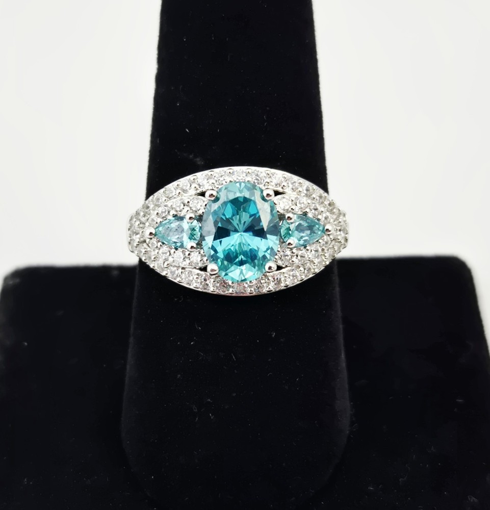 Sterling Silver 925 Blue Topaz Aquamarine Halo Pear Oval Gemstone Ring Sz 8 – 5g