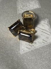Vintage Bold Marvella Smoky Topaz Glass Ring & Screw Back Earrings Set Gold Tone
