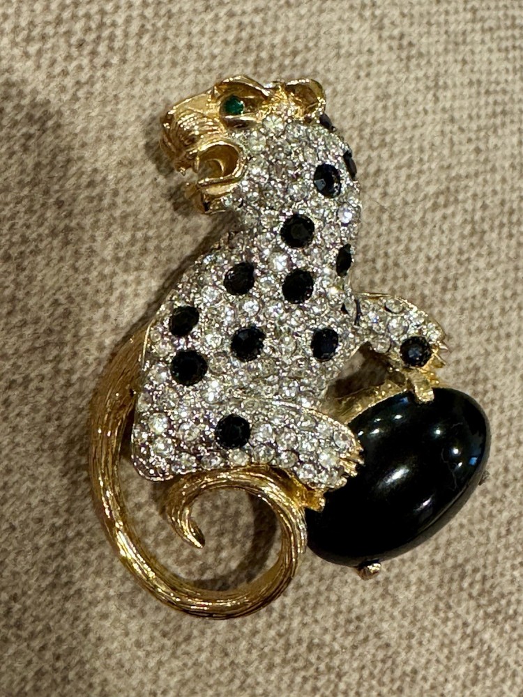 VINTAGE Statement Panther Rhinestone Onyx Style Brooch Pin Cat Leopard 80s