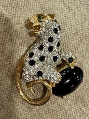 VINTAGE Statement Panther Rhinestone Onyx Style Brooch Pin Cat Leopard 80s