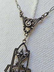 1915 Antique Art Noveau Sterling Silver & Marcasite Drop Necklace