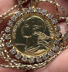 Vintage 1989 France Coin Necklace 24K GB Rhinestone Halo 29” Marianne Pendant
