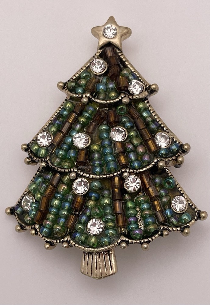 Liz Claiborne Christmas Tree Rhinestone Brown Green Gold Tone Brooch Pin