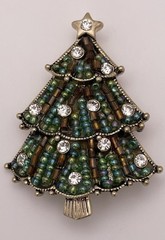 Liz Claiborne Christmas Tree Rhinestone Brown Green Gold Tone Brooch Pin