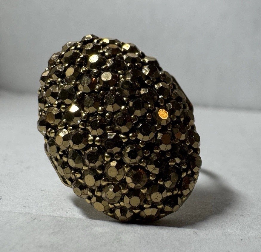 Vintage Gold-Tone Dome Cocktail Ring | Faceted Metallic Rhinestones | 1970s