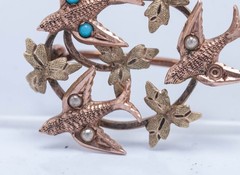 Estate Victorian 15ct Two Tone Gold Swallows Leaves Pin Brooch Round 0.9″ 1.72g