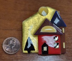 Vintage 90’s House Pins by Lucinda Red Home With Moon in Sky Pin / Brooch