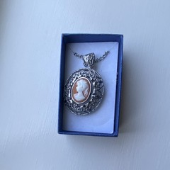 Silver Tone Oval Cameo Portrait Pendant Necklace, 19 inches long
