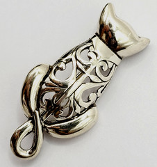 Cat Kitty Kitten Open Filigree Sterling Silver 925 Jezlaine Vintage Brooch Pin