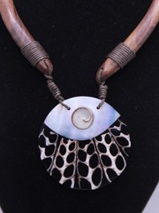 Vintage 1980’s UNIQUE handmade wood, leather, shell MOP length necklace