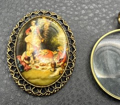 Vintage Lot Of 3 Pendants Gold Tone Floral Cameo Portrait Scene Magnifying Glass