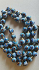 Vintage Murano Millefiori Glass Bead Necklace 28″ Long Venetian Blue Flower