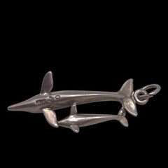 Vintage 925 Sterling Silver 3D Momma Baby Dolphin Pendant, 1.5″