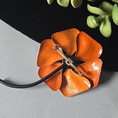 Vintage Enameled Orange/Black Flower Pin Brooch
