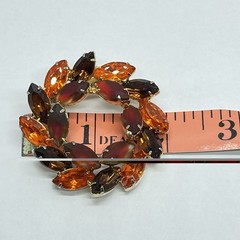 Rhinestone Wreath Brooch Marquise Frosted Red Amber Orange Gold‑Tone Mid‑Century