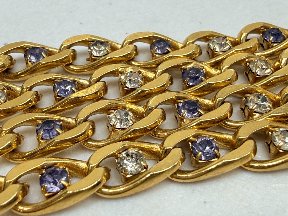 Vintage Rhinestone Necklace Gold Tone Curb Link Chain 22 in Purple, Clear Gems