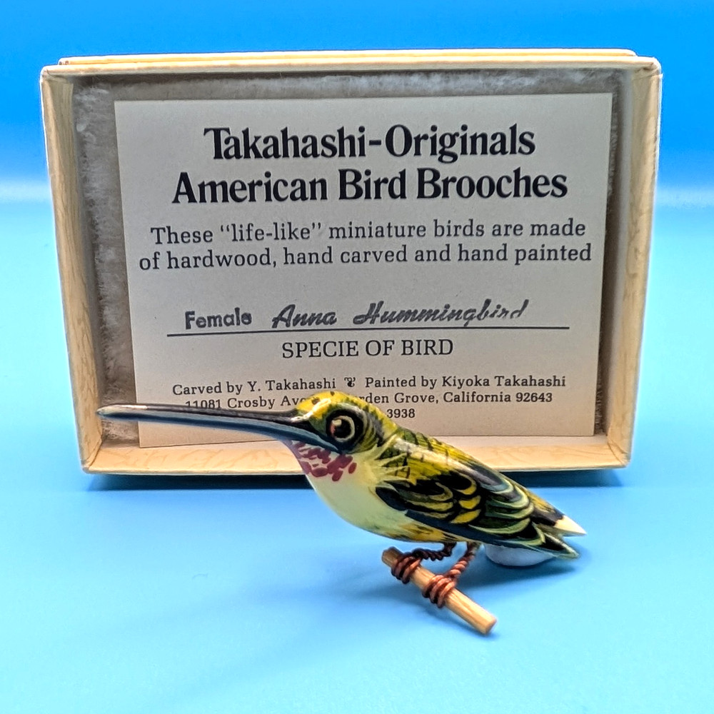 Takahashi Bird Pin Brooch Carved Female Anna Hummingbird Vintage Signed Box