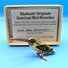 Takahashi Bird Pin Brooch Carved Female Anna Hummingbird Vintage Signed Box