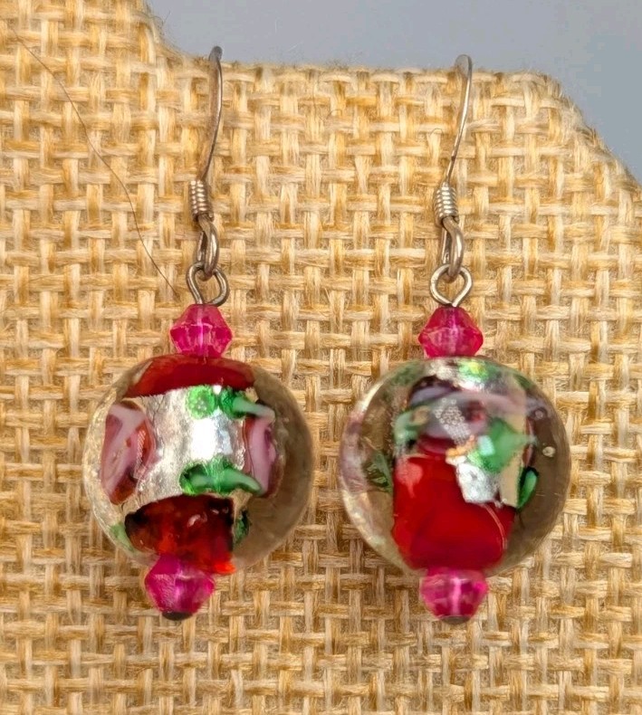 Vintage Sterling Silver Pink Roses Crystal Glass Lampwork Beaded Dangle Earrings