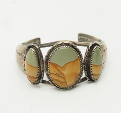 Superb sterling silver picture jasper stamping southwestern signed cuff bracelet