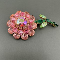 Vintage Judy Lee Rhinestone Flower Brooch Shades of AB Pink Green Long Stem READ