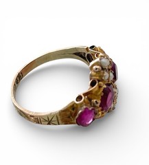 Victorian 9ct Gold Almandine Garnet and Pearl Cluster Ring