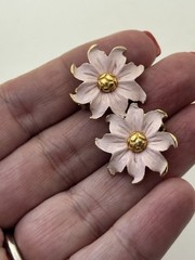 Vintage pink enamel flower earrings gold-tone clip on Garden Party Coquette