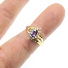 14k Solid Yellow Gold Natural Tanzanite and Diamond HALO Ring Size 6.75