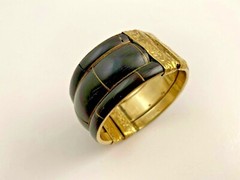 Ebony Horn Bracelet w/Bone Inlay and Repousse Silver and Pin Closure