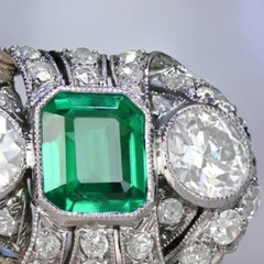 Antique Green Emerald & Lab Created Diamond Three-Stone Wedding 925 Silver Ring