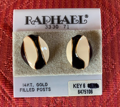 Vintage Raphael Black/White/Gold tone Enamel Pierced Earrings 14 kt Posts
