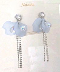 NWT Natasha Light Blue Rhinestone Flower Petal Dangle Iridescent Earrings 3.5 In