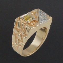 Solid 14K Gold, .65Ct Fancy Yellow Irradiated Diamond & White Diamond Man’s Ring
