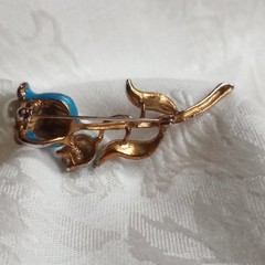 Enameled Teal Vintage Tulip Flower Brooch, Rhinestones faux pearl pot metal 2.5″