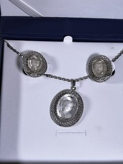 Whiting and Davis set. Intaglio Cameo-Style Bezel Pendant with matching clips.