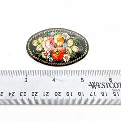Russian Black Lacquer Brooch Pin Rose Floral Hand Painted Gold Gilt Signed