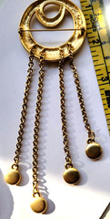 Tona Jewelry Signed 4″ Gold Design Swirl Brooch 4 Charms Dangling from 4 Chains