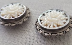 Vintage Signed Sterling Silver 925 Floral Round White Clip-On Earrings